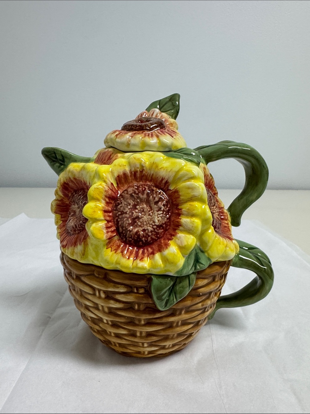 Susan Winget Sunflower Ceramic Tea Set with Green Leaf Handles